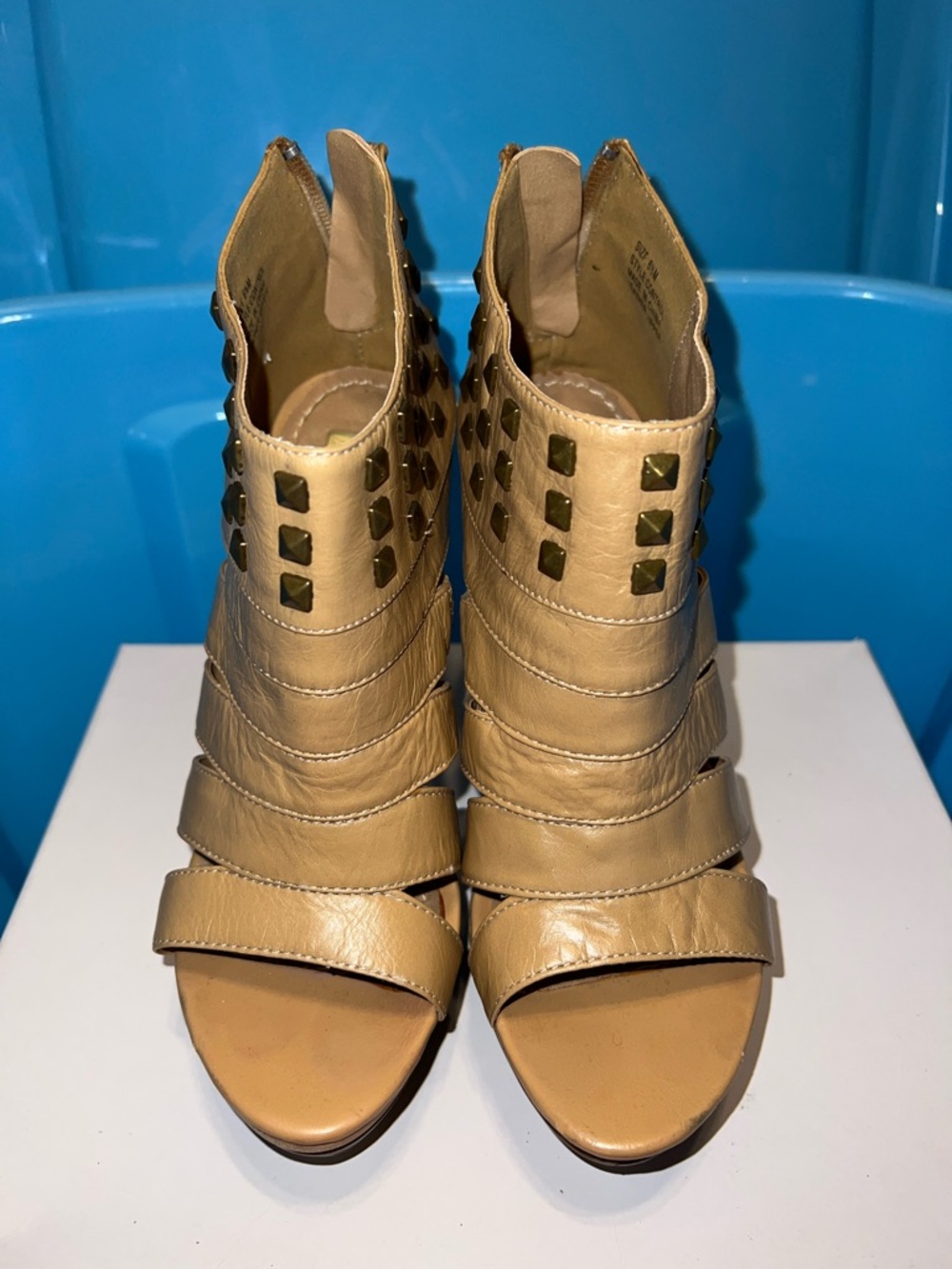 “Two Lips” Studded Beige Faux Leather Women’s Open-Toe Heels